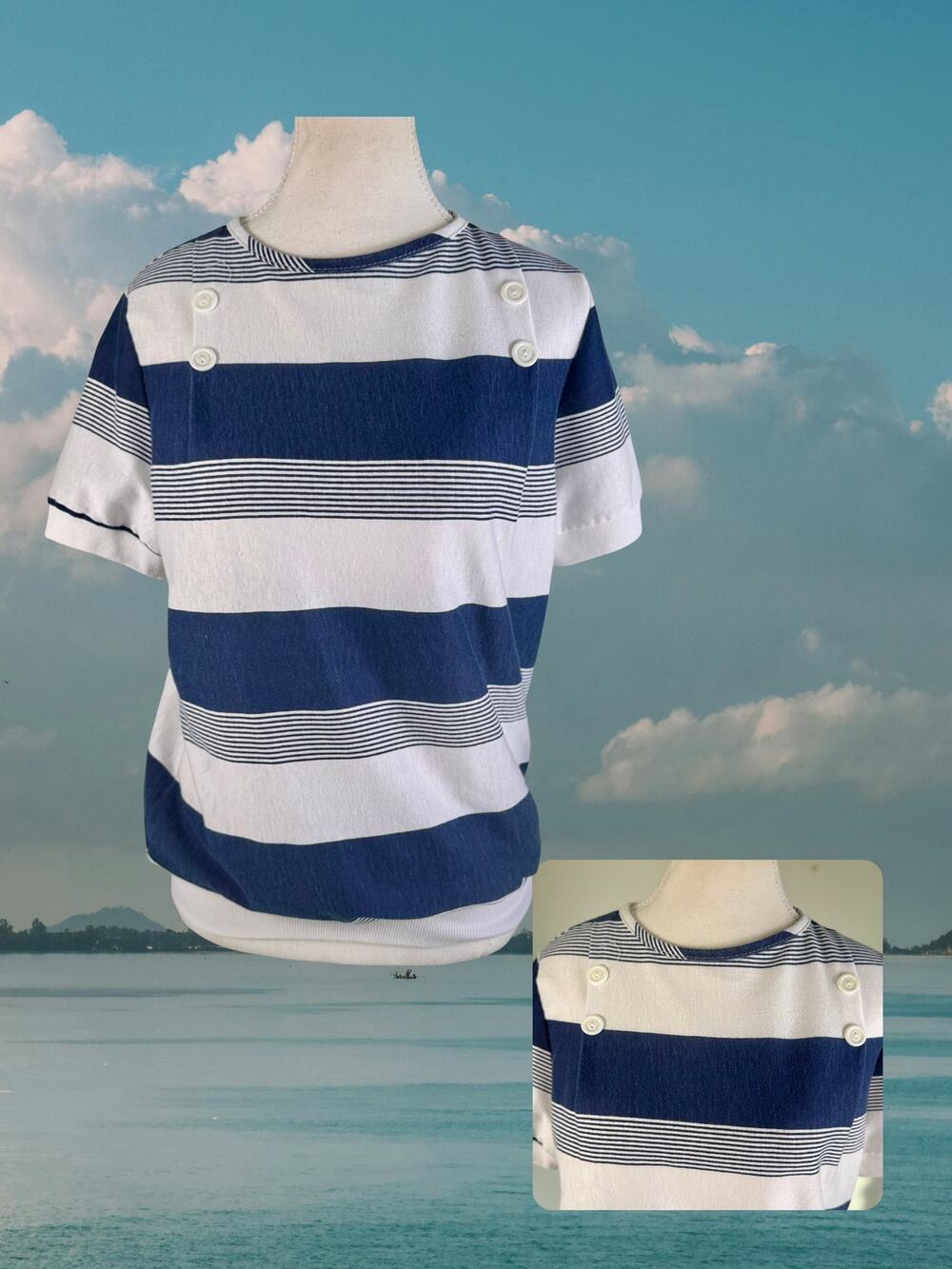 Vintage 80s Booth Bay Navy White Striped Blousson Sailor Shirt Size 11/12